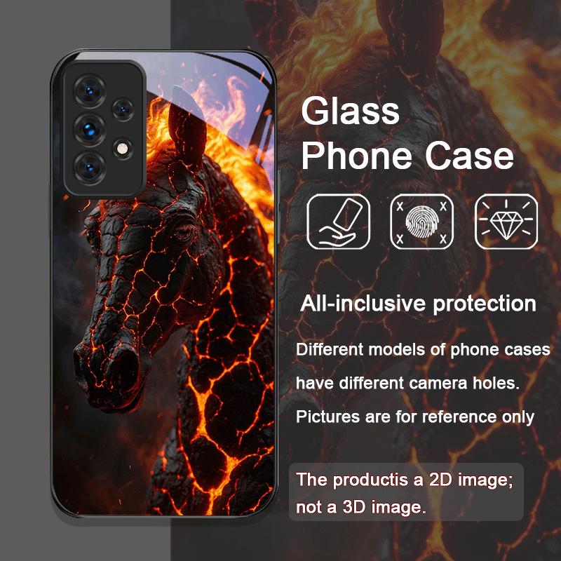 Creative Flame Black Horse Pattern Tempered Glass Phone Case for Samsung Galaxy A56 A72 A55 A54 A53 A52 A36 A51 A15 A14 5G Cover