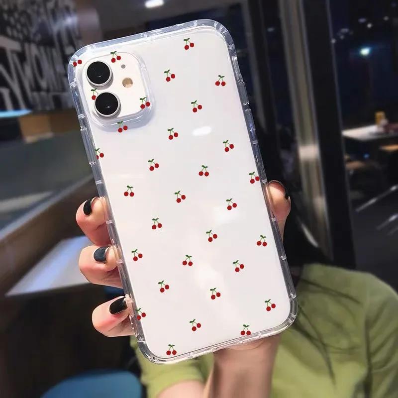 INS Korejský průhledný kryt na telefon s červenými třešněmi pro iPhone 15 14 13 12 11 Pro Max XR 16 Plus Kawaii Ovocný svěží kryt Dárek pro dívky