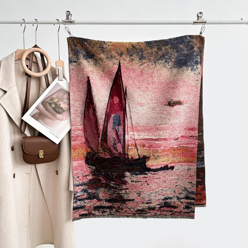Autumn and winter warm thickened four shuttle imitation cashmere scarf winter shawl scarf women's oil painting sailing shawl