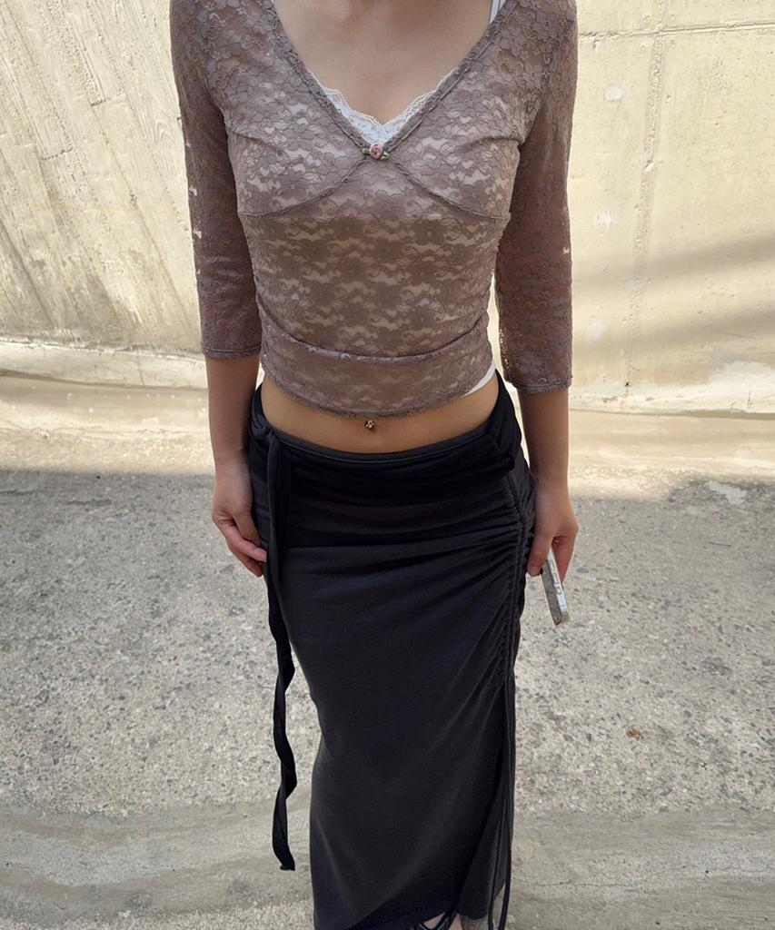 Peullijeunopallou Paige Long Sleeve Lace Top (Mocha Beige)