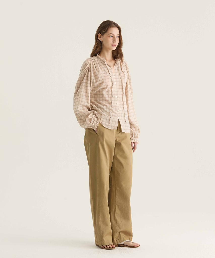 Oteumilkape Check Frill Tie Blouse - Beige