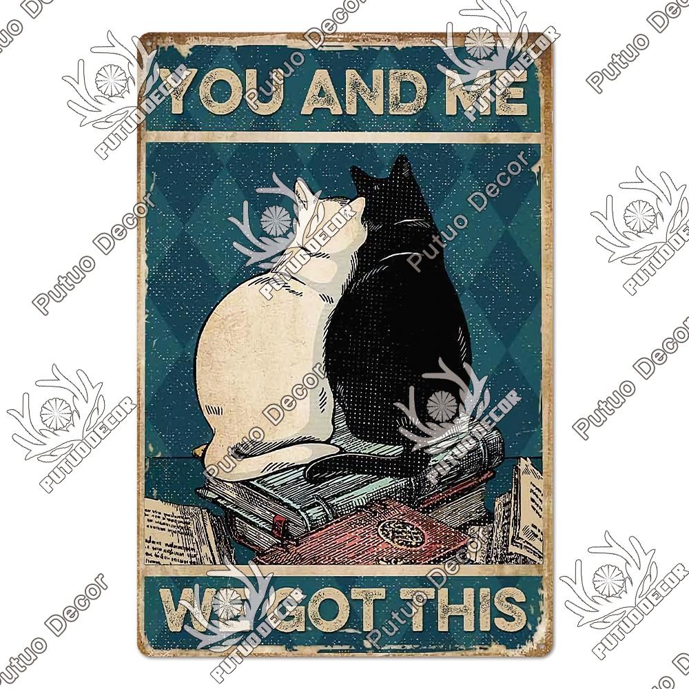 Putuo Decor Black Funny Cat Metal Sign Vintage Plaque Metal Retro Animals Tin Poster for Living Room Home Decoration Wall Decor