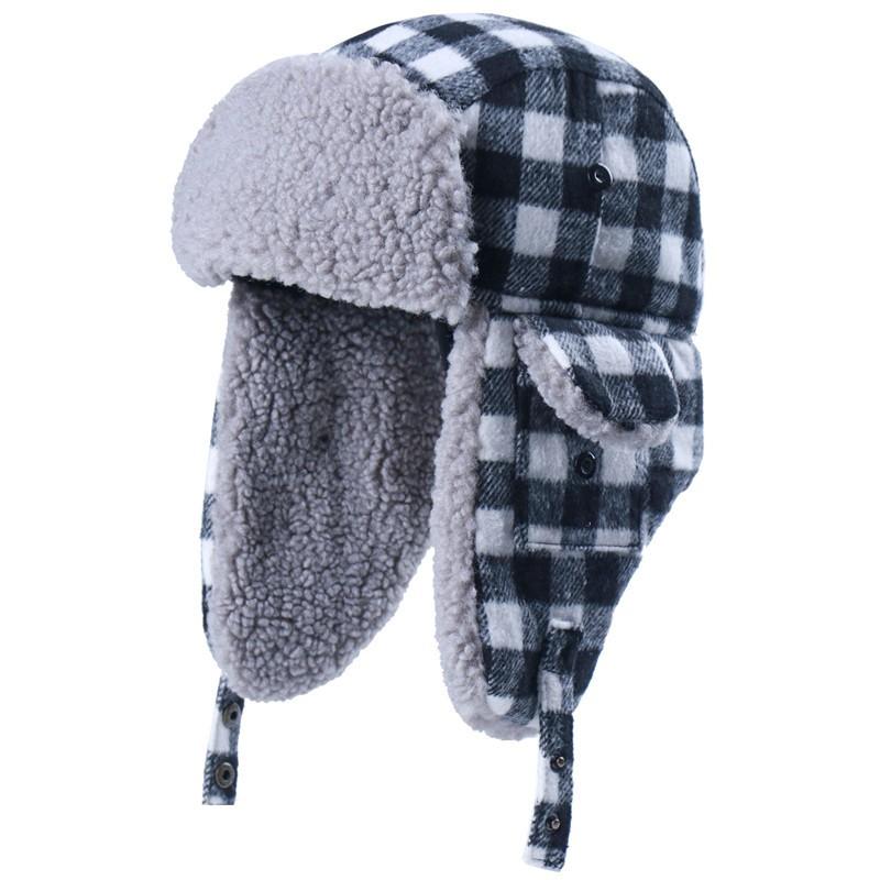 Unisex Plaid Fleece-lined Winter Beanie Hat With Ear Protection Windproof Warm Ski Cap Outdoor Activities