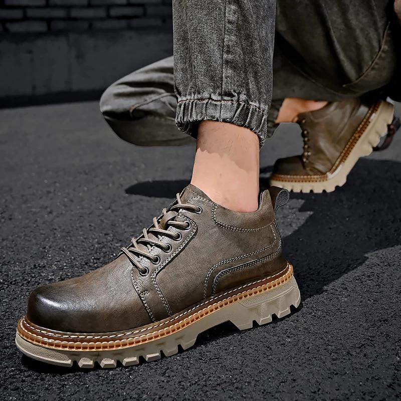 Fashion British Style Platform Work Shoes Men Boots Leather Men Autumn Winter High-top Casual Fashion Platform Plush Warm Boots Man