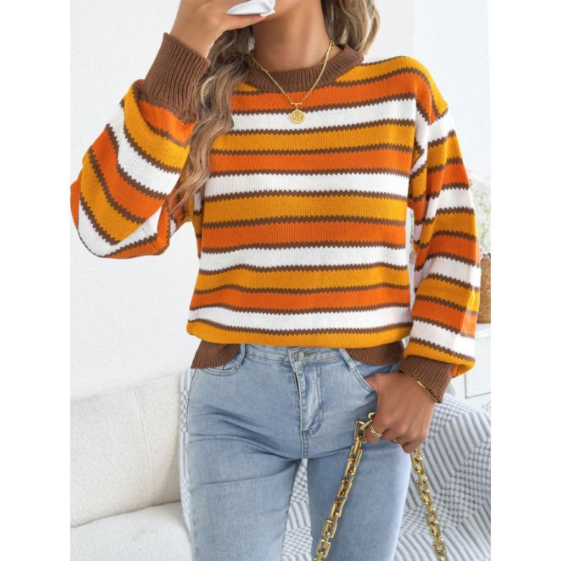 Maglione da Donna Casual a Blocchi di Colore con Strisce, Maniche a Lanterna, Girocollo, Vestibilità Larga