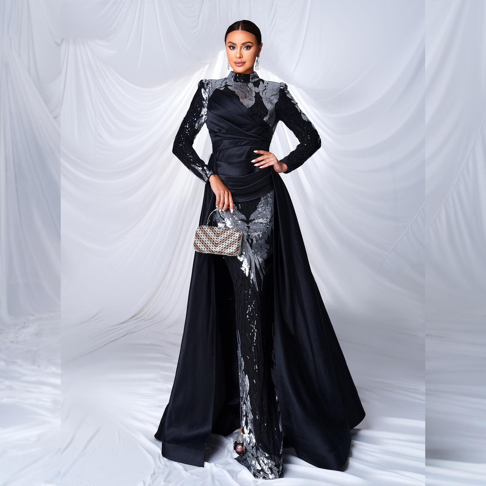 European-American Sequin Fishtail Evening Gown - Long-Sleeved, Round Neck, Elegant Bridesmaid Dress M