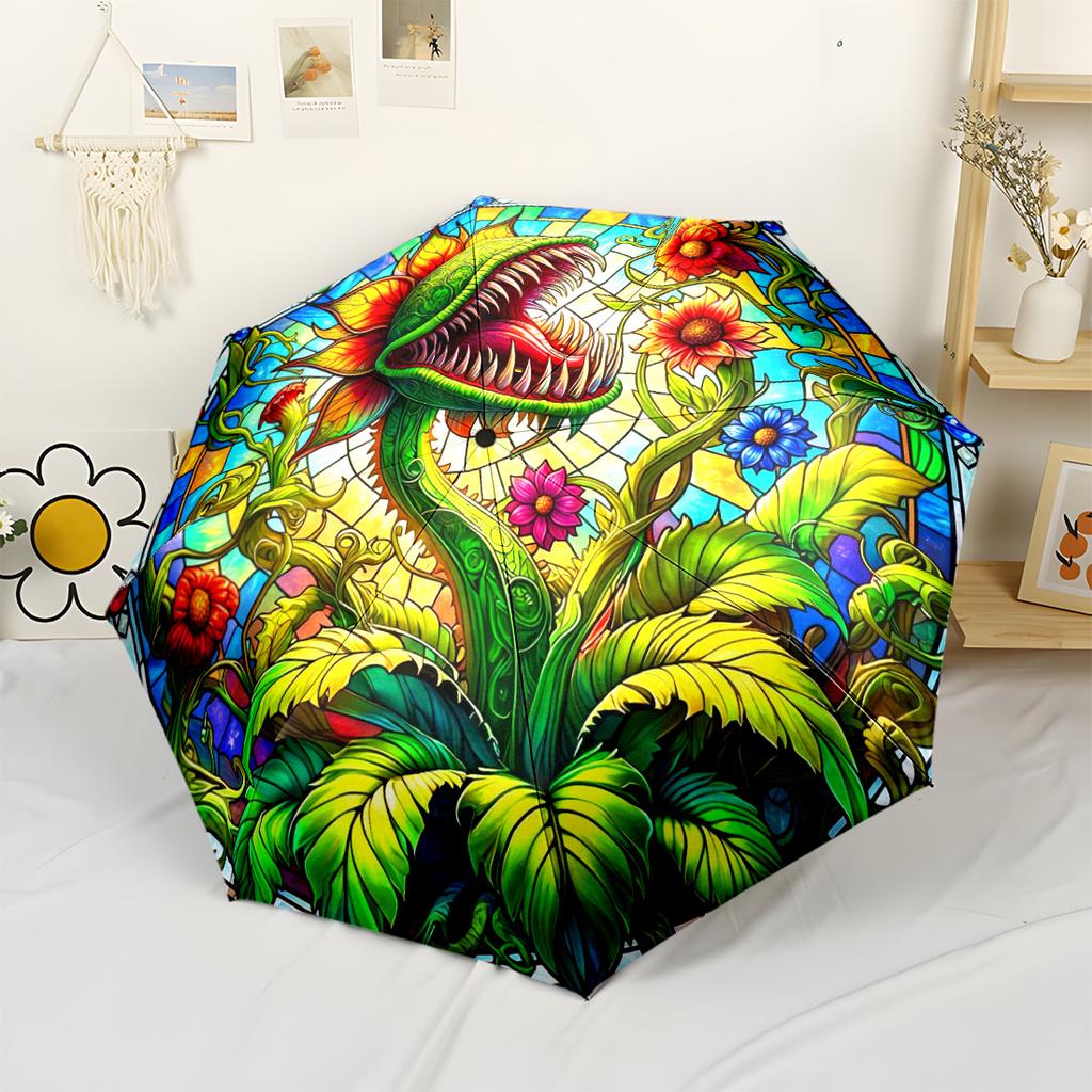 Stained Glass Carnivorous Plant Portable Automatic Umbrella Folding Umbrella with 8 Ribs Durable Plastic & Iron for Outdoor Daily Use