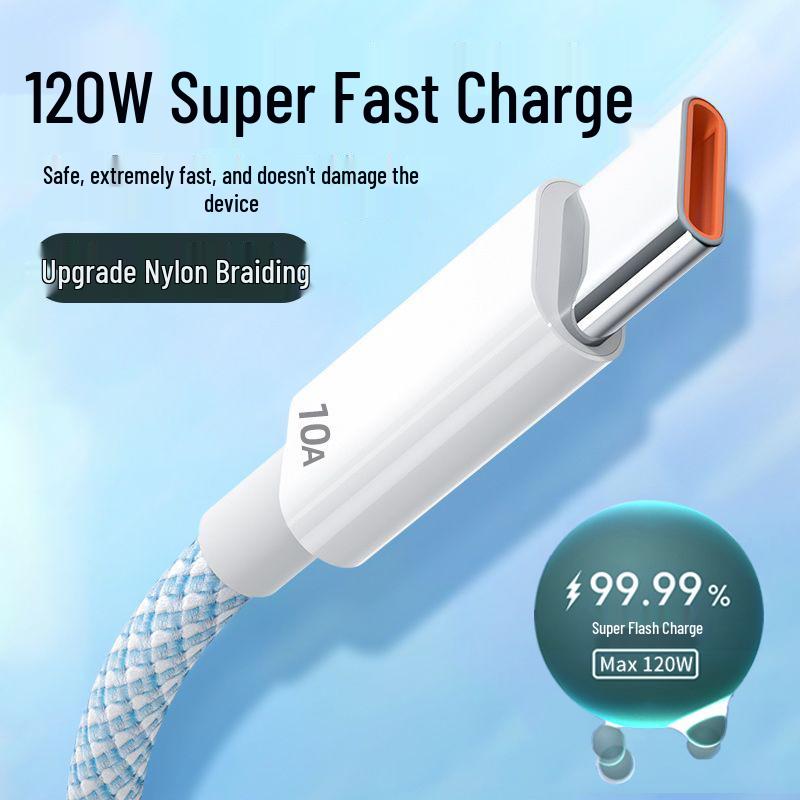 120W 10A Super Fast Charging Braided Type-C Cable for Huawei, Honor, Vivo, Oppo