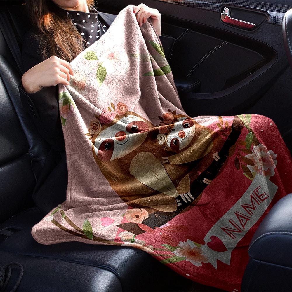 Cute Sloth Family In Floral Wreath Design Gift Customizable Blanket Personalized Text Comfortable Throw For Sofa Couch Office Bed Picnics Ideal For