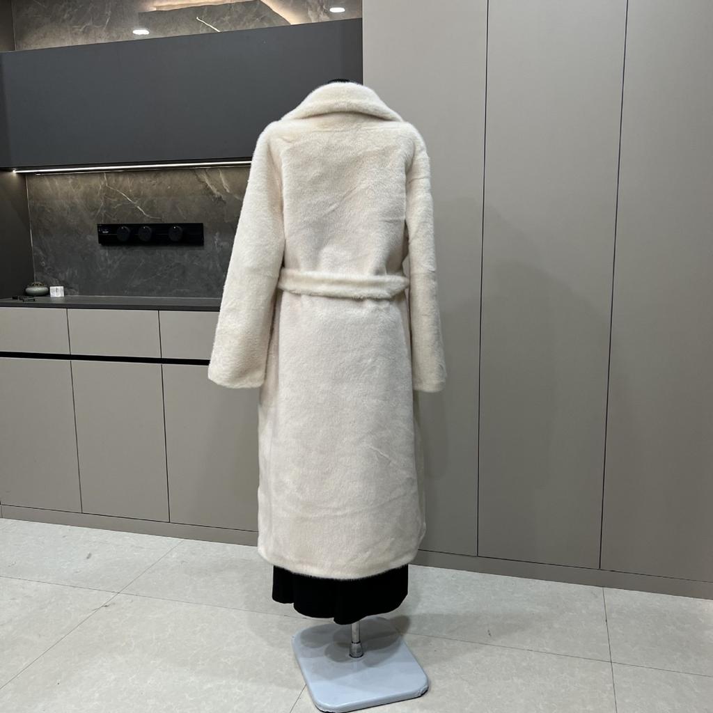 Belted Faux Mink Fur Coat Women Winter Beige Gradient Furry Fur Jacket Luxury Brand Hooded Warm Outerwear Overcoat