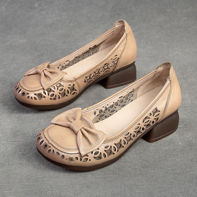 Johnature Sandale retro din piele naturală cu toc gros, cu vârf rotund, cu scobire, pantofi confortabili