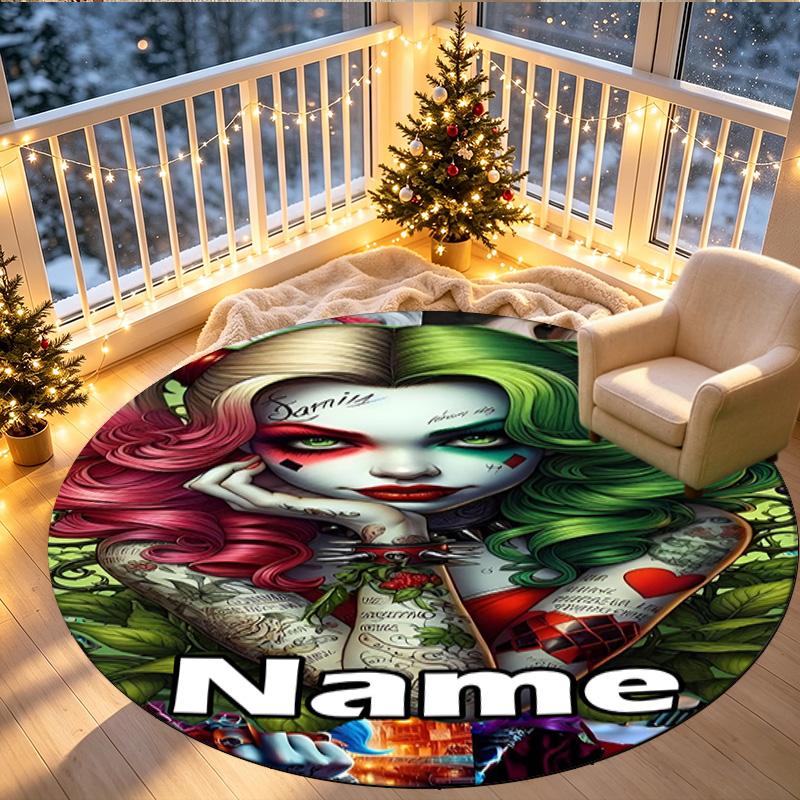 Custom Name Personalized Harley Quinn Joker Print Round Rug, Versatile Home Decor Carpet, for Playroom, Apartment, Balcony, Entryway, Hallway Gift