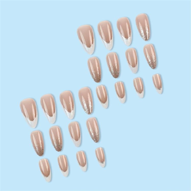 Medium Length Artificial Nail Press On Nail Sparkling Full Cover Stick On Nail White French Tip False Nail for Woman