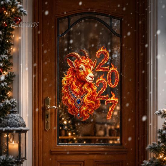 Festival Atmosphere Glass Stickers Chinese New Year Window Stickers, 2027 Goat Static Clings, Non Adhesive Decor Reusable Lunar Xmas for Home