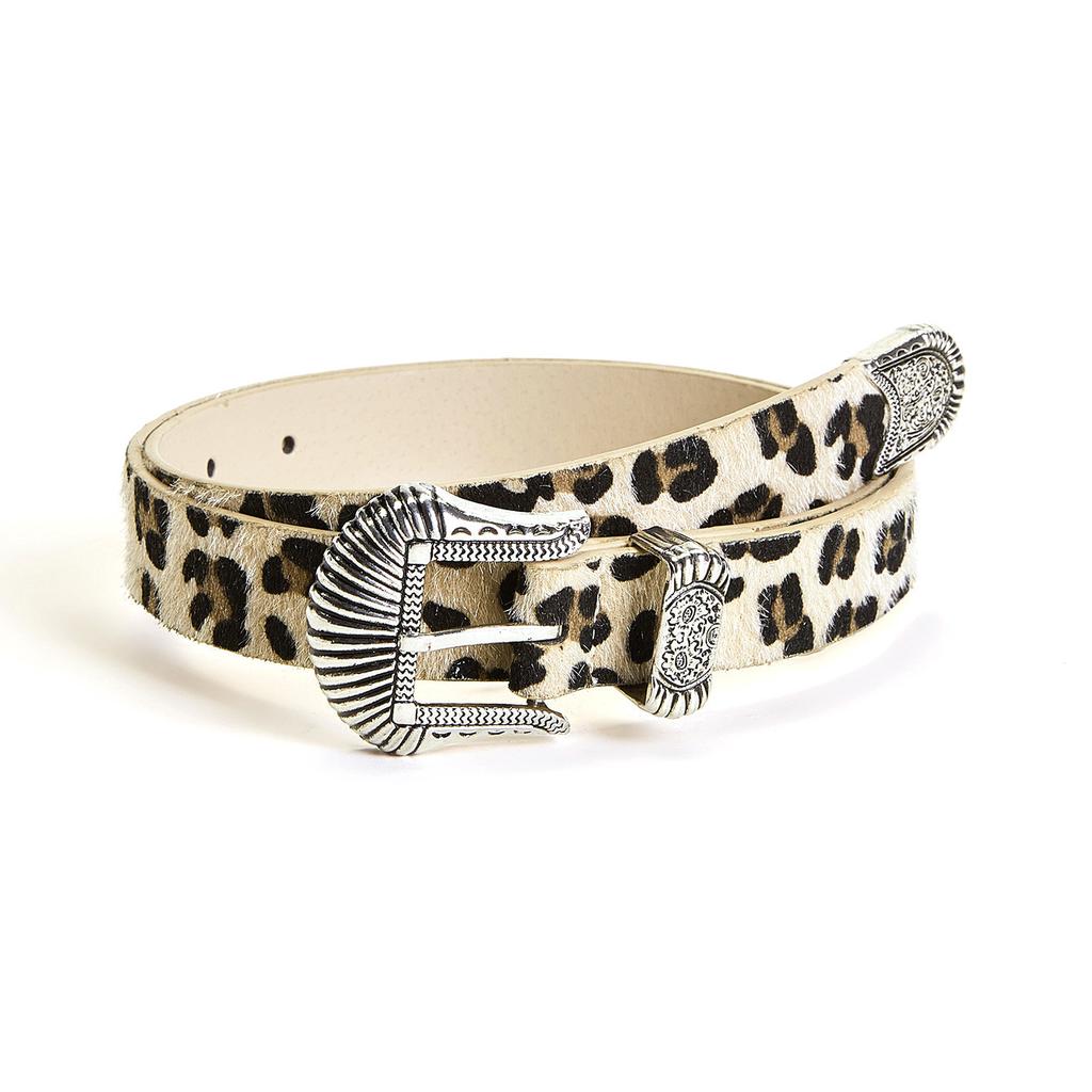 New Retro Carved Imitation Horsehair Leopard Print Fashionable Dopamine Western Buckle Belt for Women's Waist Belt