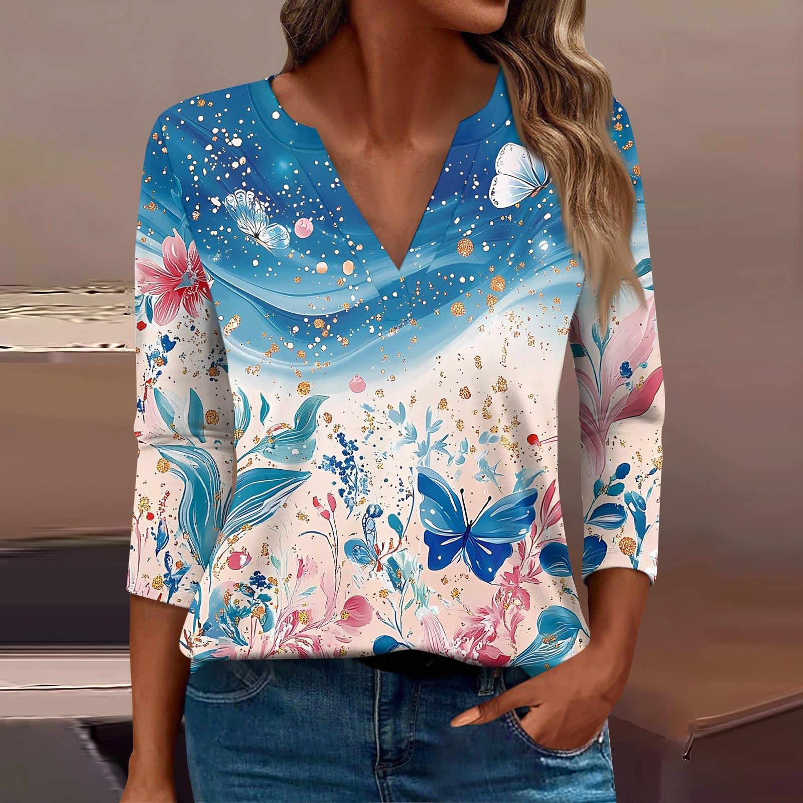 

Женская футболка Футболка с принтом Рукав 3/4 Повседневные Выходные Мода Базовый V-образный вырез Обычный топ XL