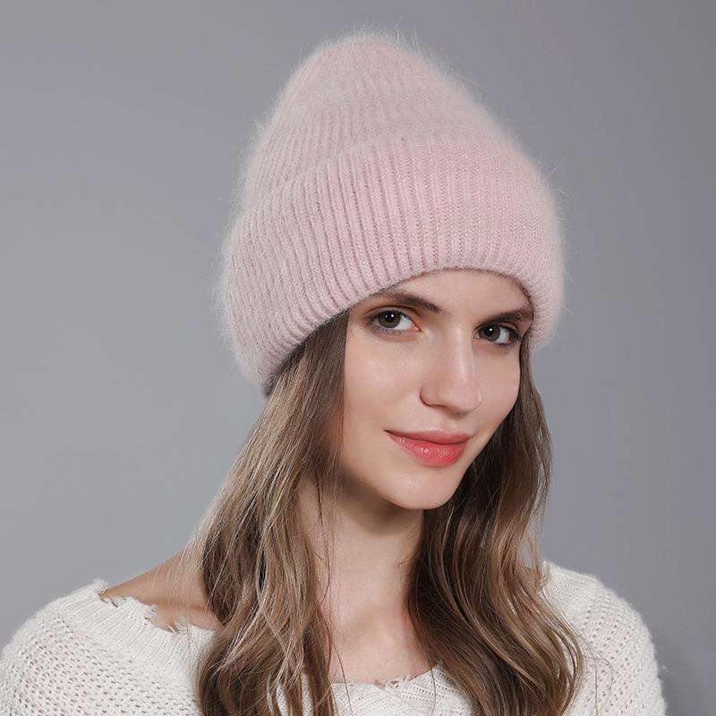 

Женская шапка из ангорской шерсти, зимняя, с мехом кролика, вязаная теплая, модная, двухслойная, с серебряной проволокой, повседневная, для шапок, толстая розовый