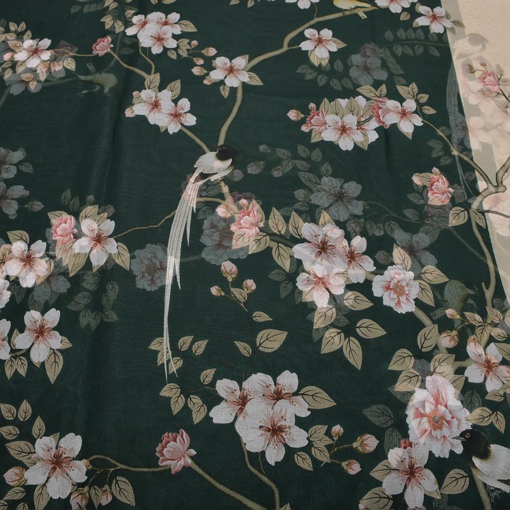 [BYSIFA] Green Beige 100% Mulberry Silk Scarf Cape Summer Floral Design Chiffon Long Scarves Beach Shawl Ladies Scarves Echarpes