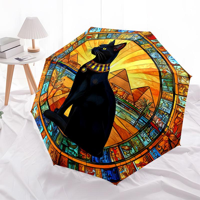 1pc Egyptian Cat Automatic Open/close Folding Compact Umbrella, 8-Rib Sturdy Canopy, Lightweight Portable, Everyday Use, Gift, Outdoor Umbrella, Trave