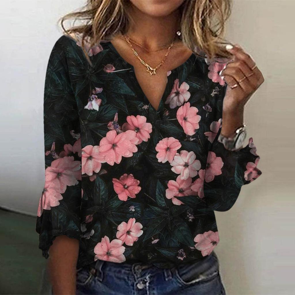 Women's Loose Casual Three-quarter Sleeves V-neck Lace Floral Print T-shirt Top