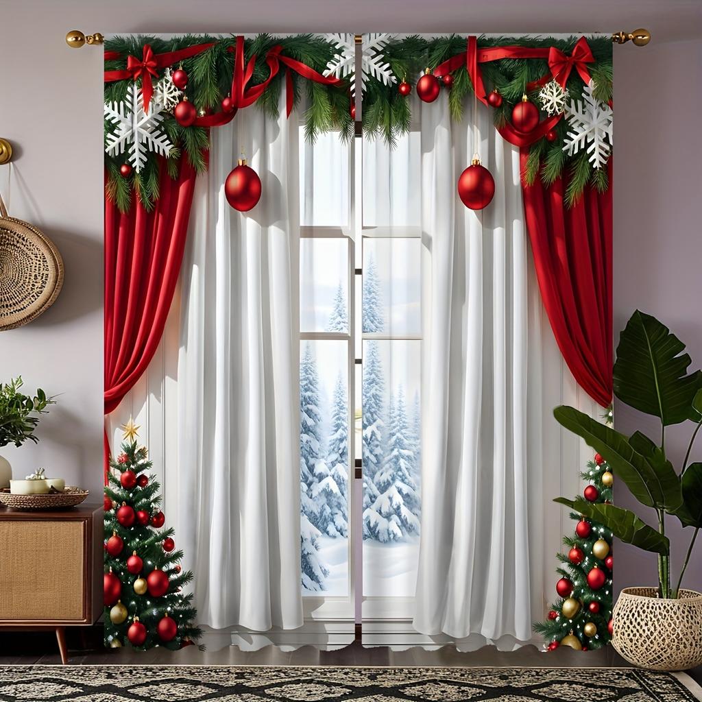 2-Pc Polyester Christmas Curtains with 3D Floral & Ball Digital Print - Rod Pocket Window Drapes for Living Room & Bedroom