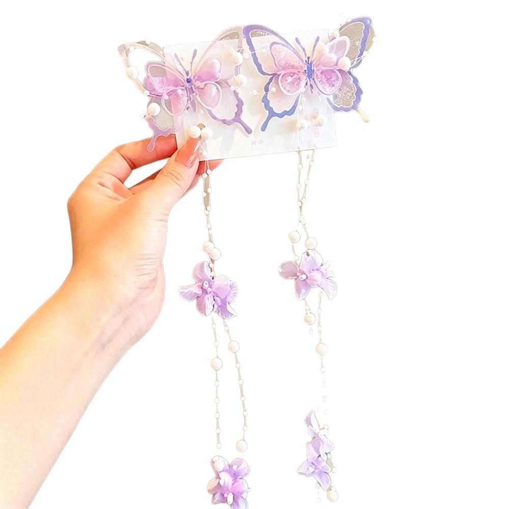 Girls' Blue Butterfly & Flower Tassel Braided Hair Chain - Baby Cornrows Clip, Hanfu Accessories