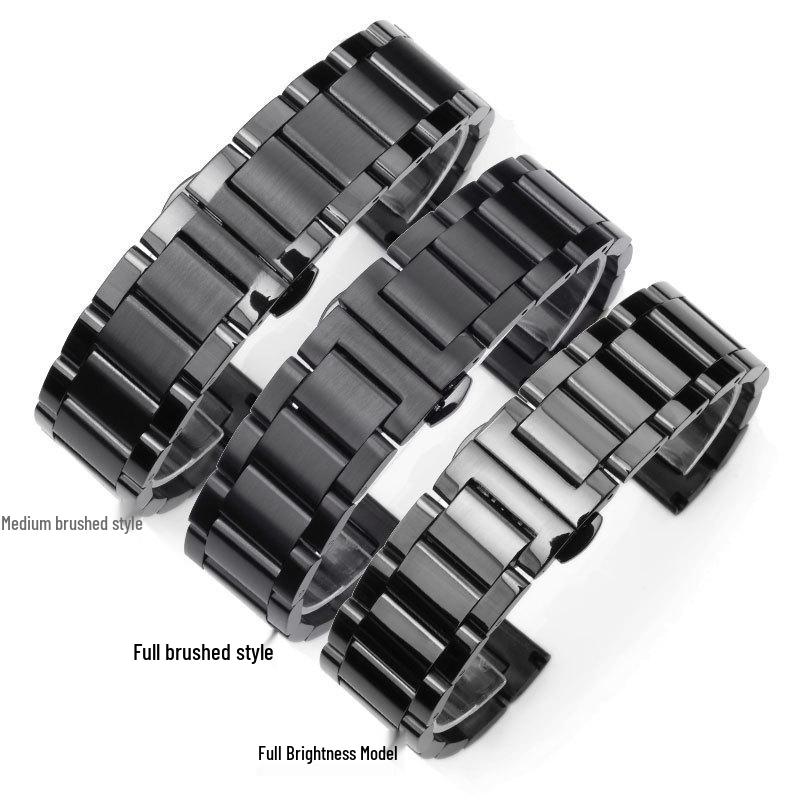 

Solid Longjing Steel Watch Band – Three-Bead Men s Brushed Metal Strap 22mm