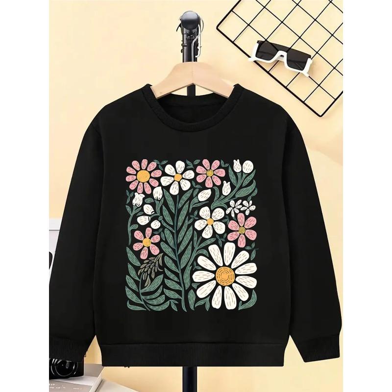 European Sizes Kids' Crewneck Sweatshirt - Floral Pattern with Pink And White, Sportswear And Casual Wear, Soft And Comfortable