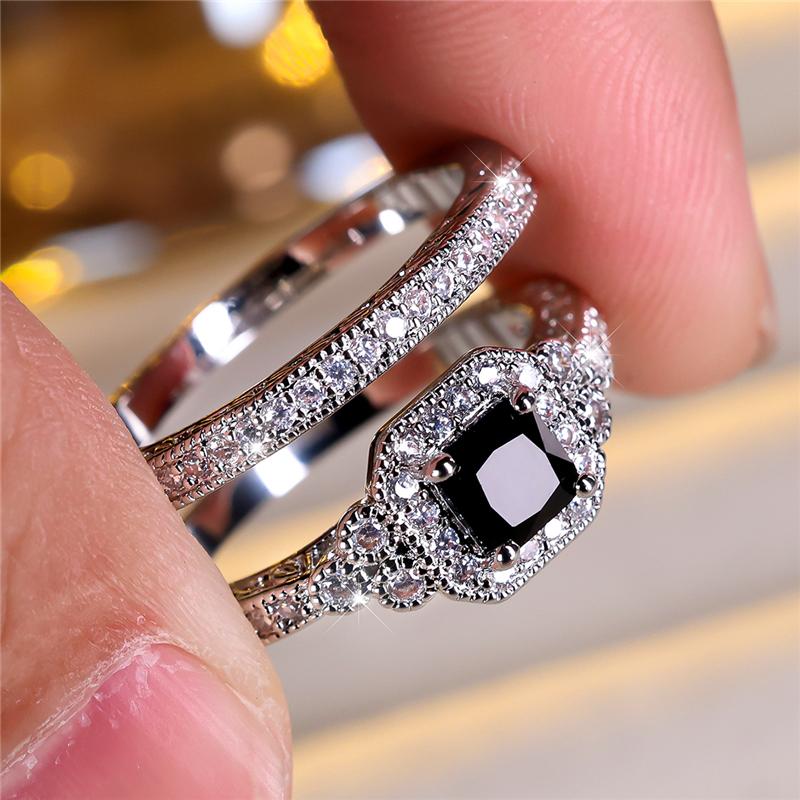 

Female Black Zircon Stone Engagement Ring Set Cute Silver Color Wedding Jewelry For Women 13