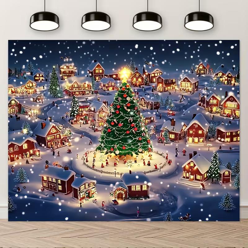 2D Christmas Snow Village Xmas Tree Photo Backdrop Night Town Holiday Background 47.2x31.5inch/120*80cm