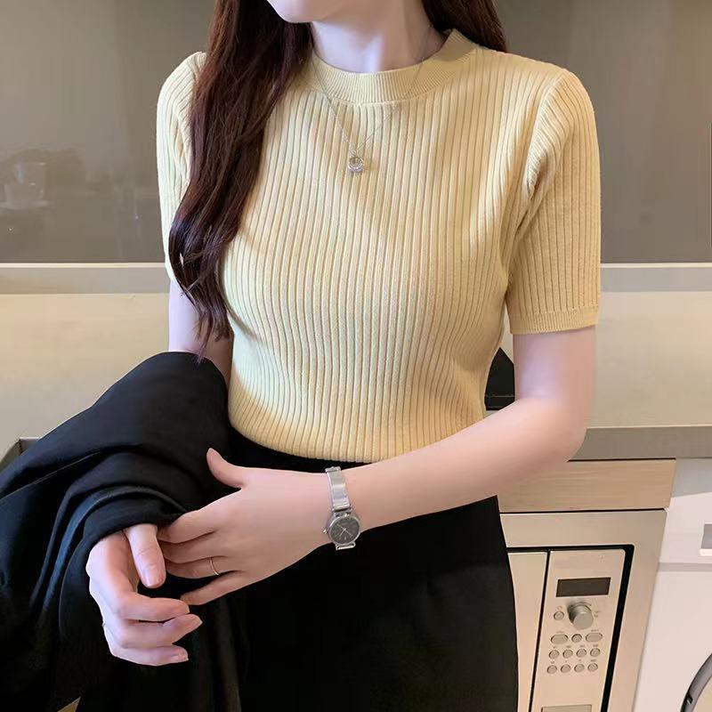 Fashion Short Sleeved Women Pullover Knitted Sweater Elegant Versatile Bottoming Shirt O Neck Casual Simple Basic Spring Solid Color Women's Slim Top