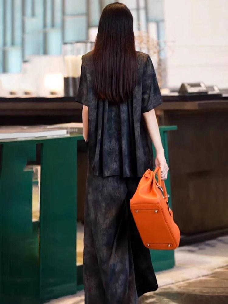 2025 Summer Luxe Retro Print Top & Wide-Leg Pants Plus Size Set