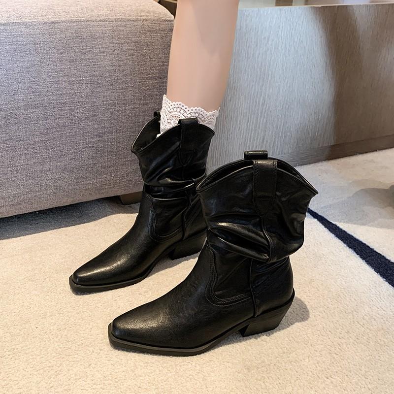 Leather Chelsea Boots for Women Autumn Winter New Chunky Heeled Cowboy Boots Woman Loose Tube Mid-calf Pleated Western Bootie