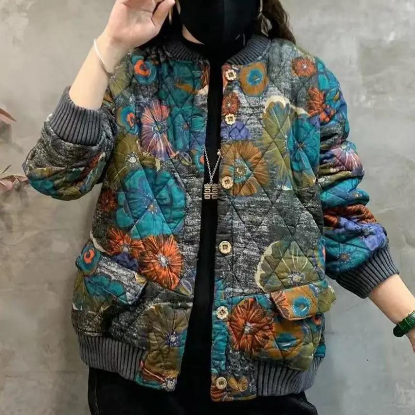 Winter Loose Large Size Printed Stand-up Collar Western Style Women's Casual Cotton Coat