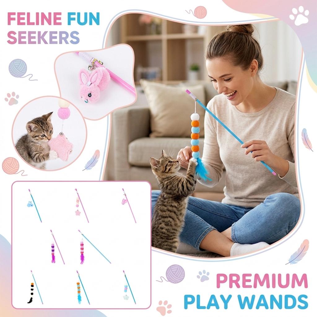 Interactive Caterpillar Cats Wand Toy With Bell & Feather, Elastic String Pom-Pom Teaser Stick For Indoor Cats