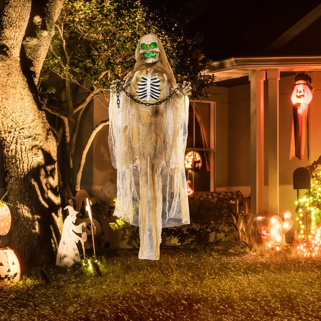 6' Hanging Skeleton Ghost Halloween Animatronic, with Glowing Eyes and Chest