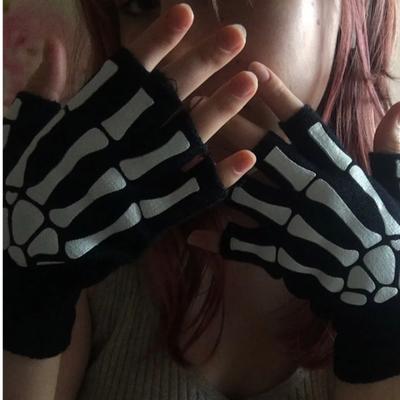 New Punk Gloves Unisex Halloween Skeleton Skull Half Finger Gloves Glow In The Dark Fingerless Stretch Knitted Winter Mittens