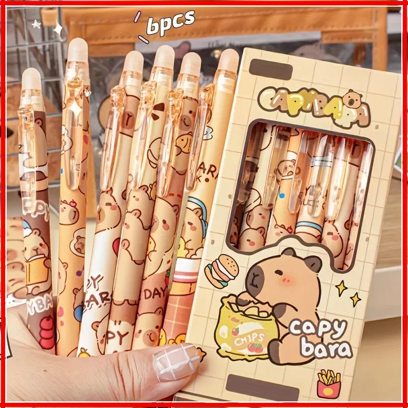 6 Peças Canetas Gel Apagáveis Fofas de Capivara | Retrátil 0,5mm Tinta Azul para Escola e Escritório | Escrita Suave e Secagem Rápida (6 cores)