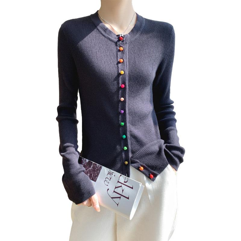 Autumn Winter Warm Jacket Casual Knit Basic Top Women's Wool Sweater Round Collar Colorful Buckles Slim Fit Cardigan with Slim Fit