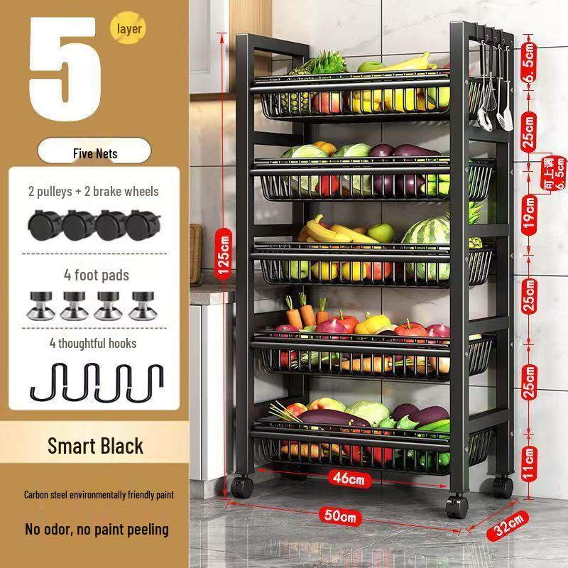 Multi-Layer Kitchen Rack: Extra Thick Microwave, Fruit & Veggie Storage with Wire Baskets & Rollers