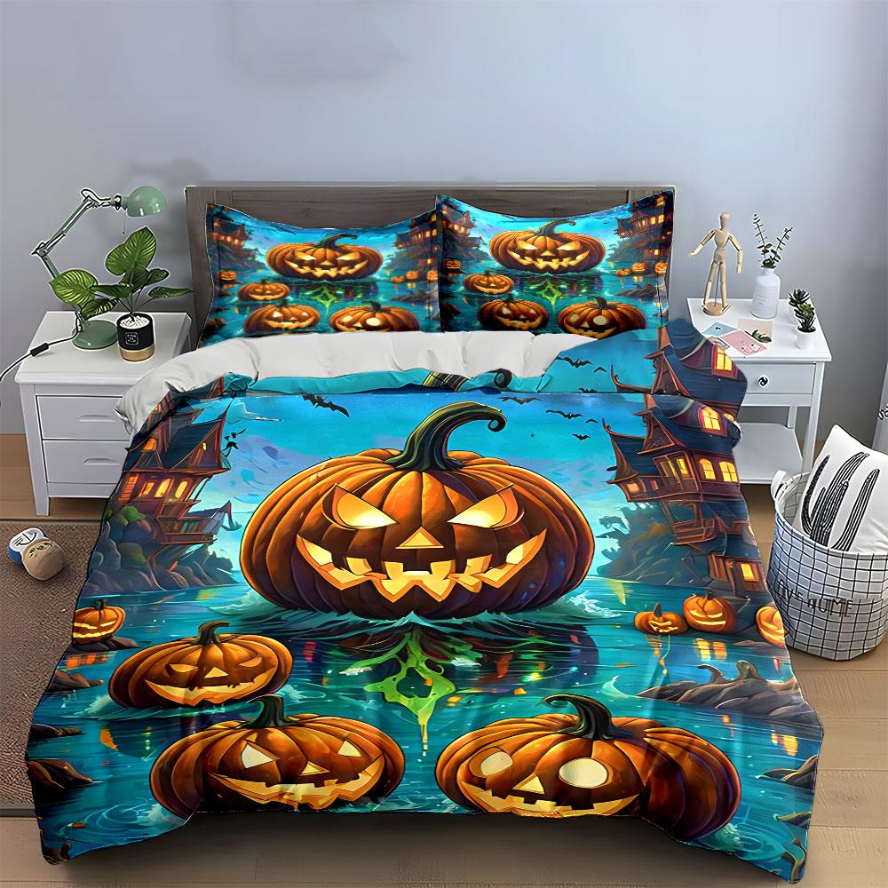 Geister Kürbis Halloween Szene Bettwäsche Bettbezug Set Bettbezug Kissenbezüge (1*Bettbezug 2*Kissenbezüge, ohne Bettdecke)
