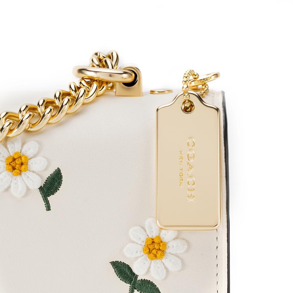 Coach Klare 21 Floral Flap Chain Daisy Embroidery Leather Accordion Shoulder Bag Women Shoulder Bag White C2858-IMCAH