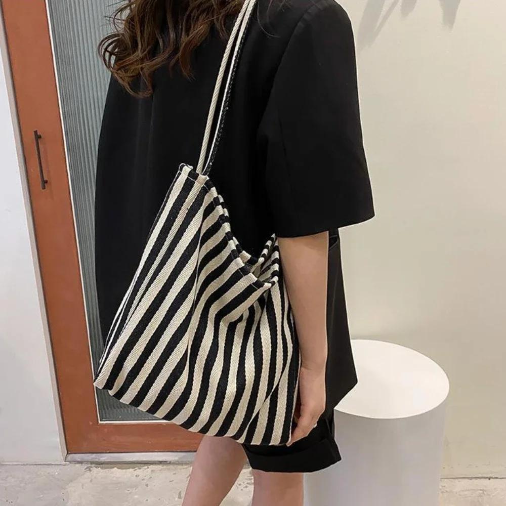 Female Casual Multifunctional Travel Top-handle Handbag Large Capacity Canvas Women Shopper Tote Simple Striped Shoulder Bag2025