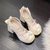 Women High Heel Lolita Mary Janes Shoes Ladies Chunky Platform Square Toe Patent Leather Sandals Soft Girl Sweet Cute Bow Shoes