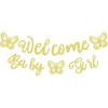 Pre-Strung Welcome Baby Girl Banner - Rose Gold Glitter Butterfly Theme Baby Shower Decorations, Perfect for Gender Reveal Party/Baby Girl Birthday