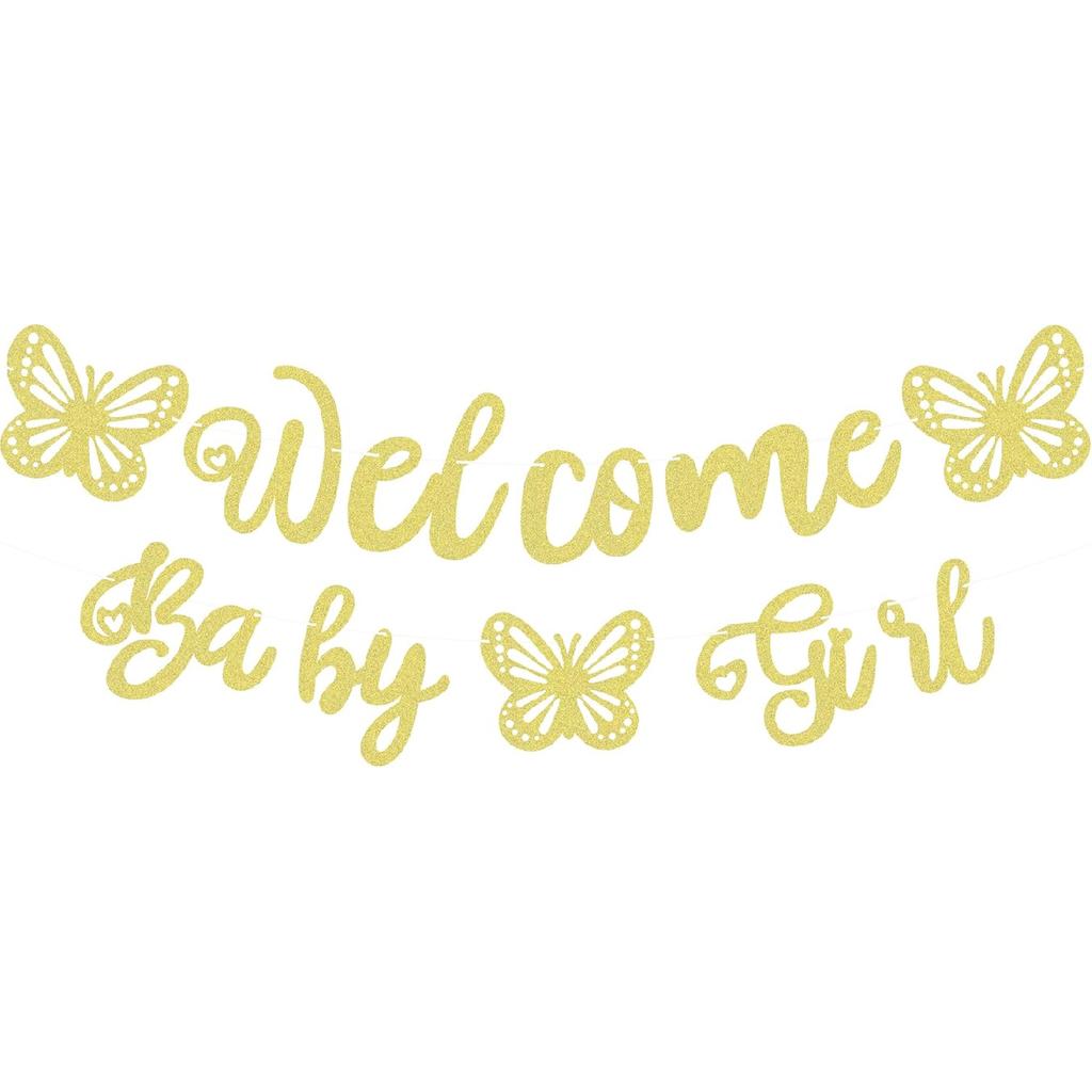 Pre-Strung Welcome Baby Girl Banner - Rose Gold Glitter Butterfly Theme Baby Shower Decorations, Perfect for Gender Reveal Party/Baby Girl Birthday