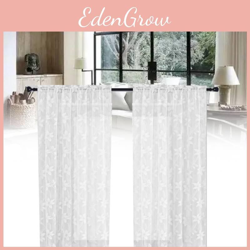 Lace Floral White Sheer Curtains For Daily Bedroom Kitchen Decoration Set Of 2