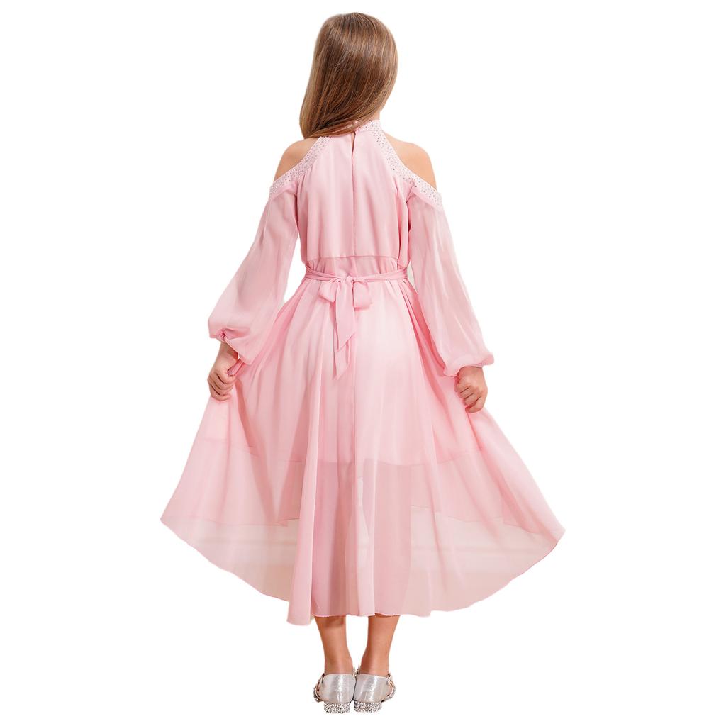 Children‘s High Waist Ruffled Dress Halter Off Shoulder Long Sleeve Irregular Hem Fake Diamond Embellished for Prom Wedding Party