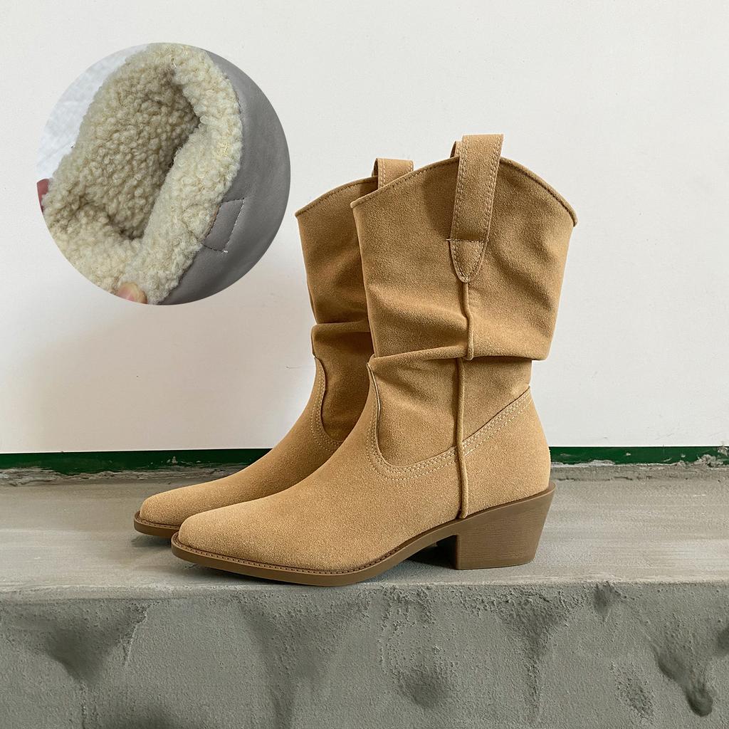 Medium Heel Barn Wind Desert Knight Boots Merard High Heel Pointed Mid Tube Leather Skinny Commuter Suede Pile Boots