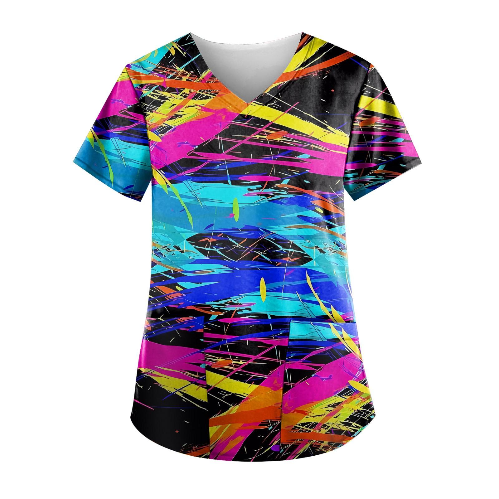 

Ladies Casual V-Neck Plus Size Printed T-Shirt Workwear With Pockets XXL